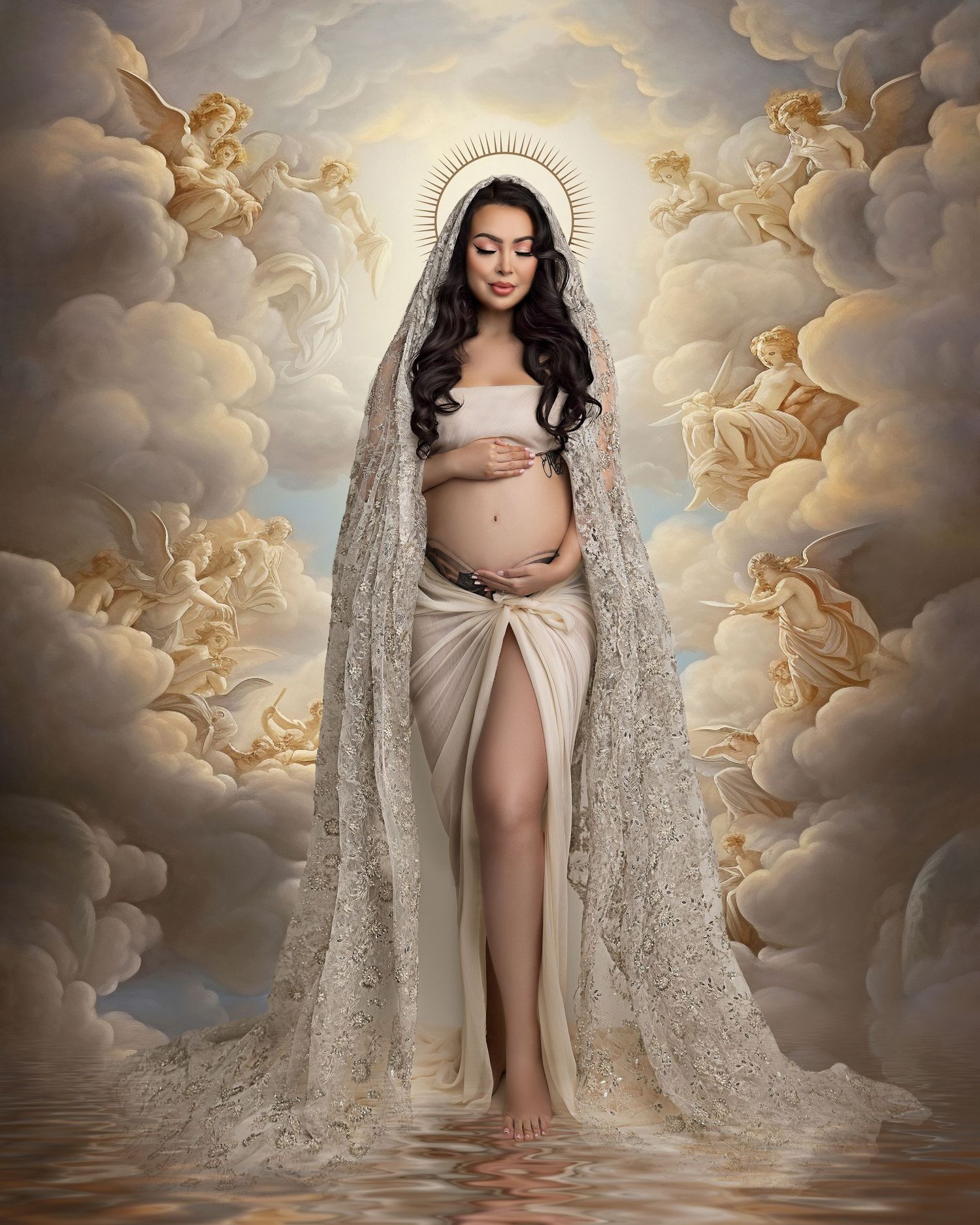 Elegant maternity session with lace overlay and form-fitting dress against neutral background.