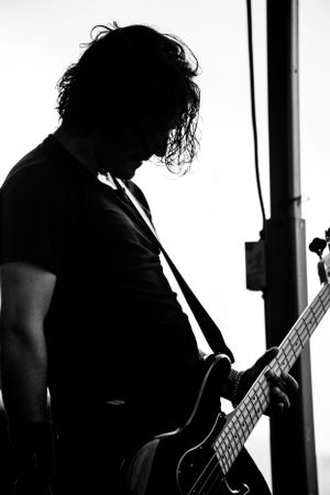 Silhouette of a bass player performing on stage in dramatic black and white contrast.