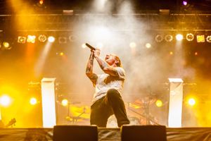 Concert performer singing on stage with golden lighting and fog effects.