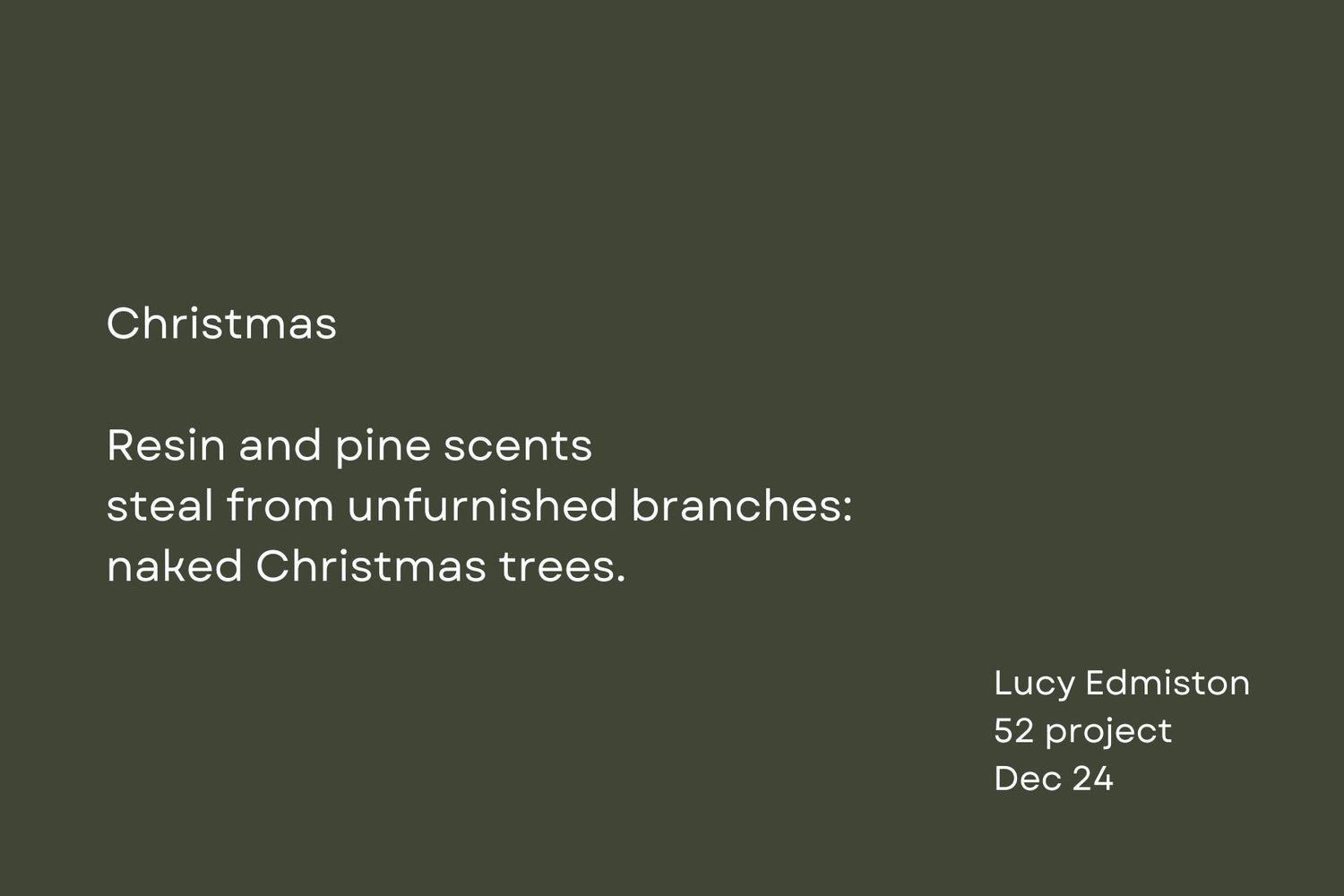 A minimalist haiku about Christmas trees and pine scents displayed on dark green background.