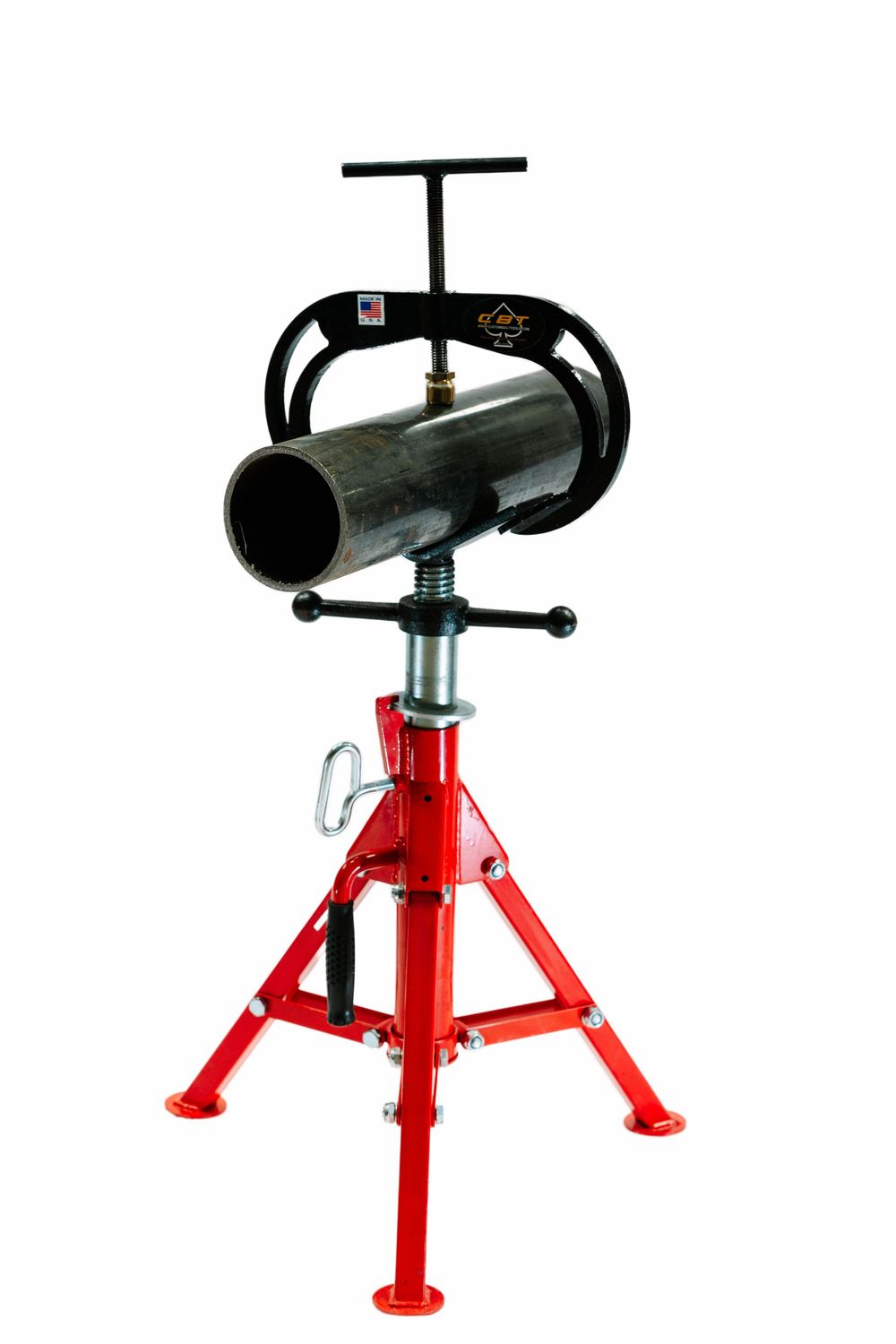 Industrial red pipe stand with adjustable black metal clamp mechanism.