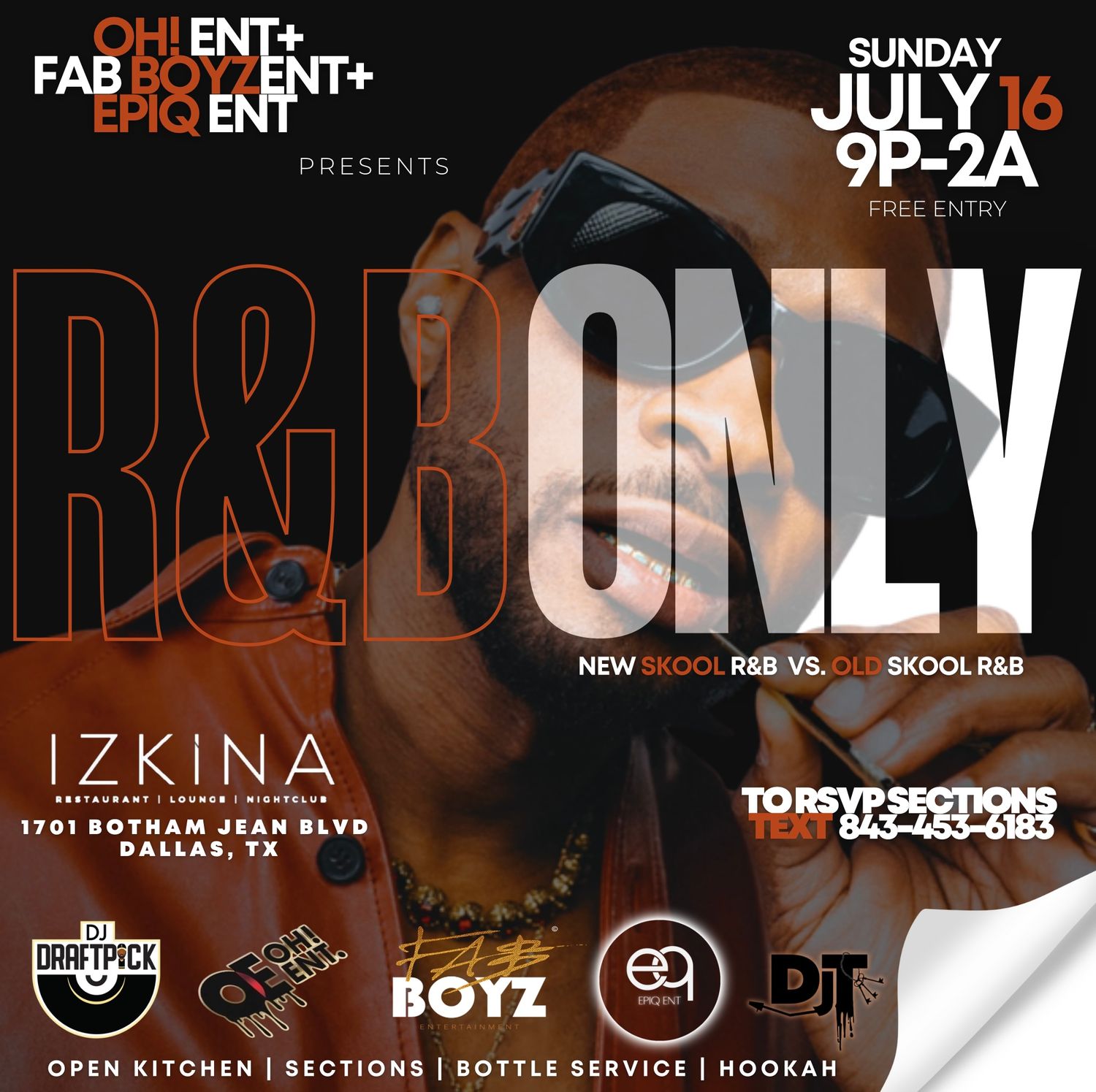 R&B Only promotional event flyer featuring dark gradient design and gold text for Sunday July 16 at Izkina venue.
