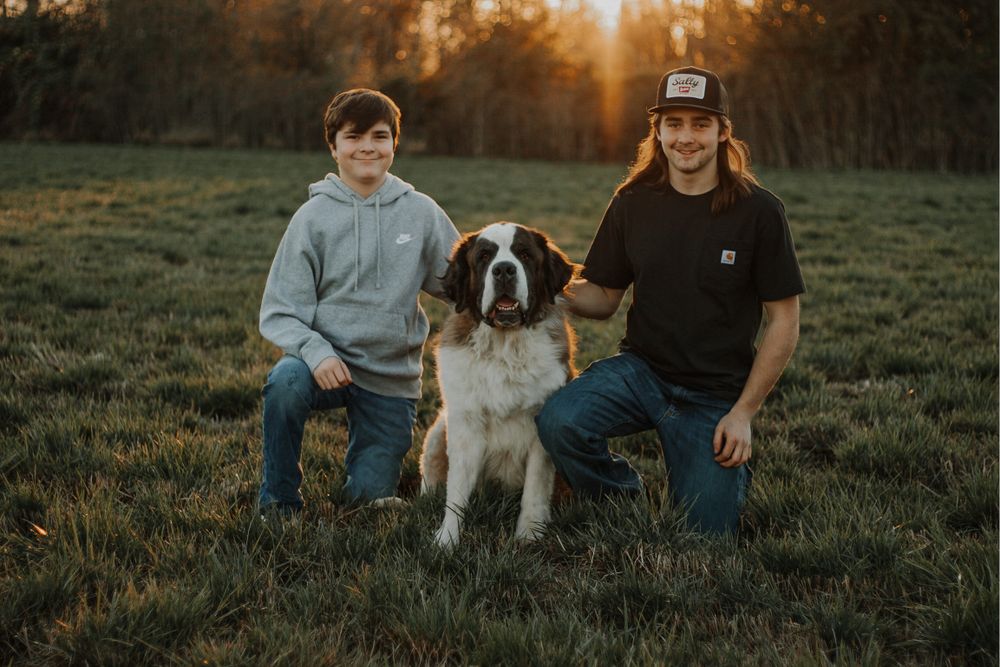 Two boys kneeling beside a Saint Bernard dog in a grassy field at sunset.