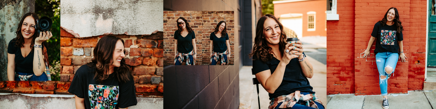 Artistic collage of outdoor portrait photography against urban brick walls and backgrounds.