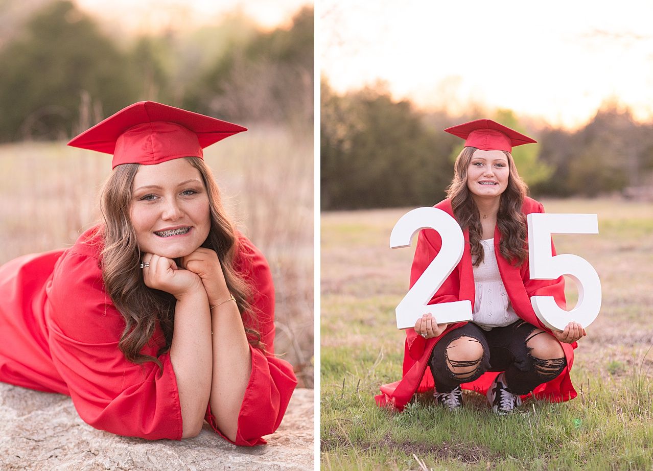 Senior Girl in Spring Field and Cap and Gown by Bartlesville Photographer Kristi Bray