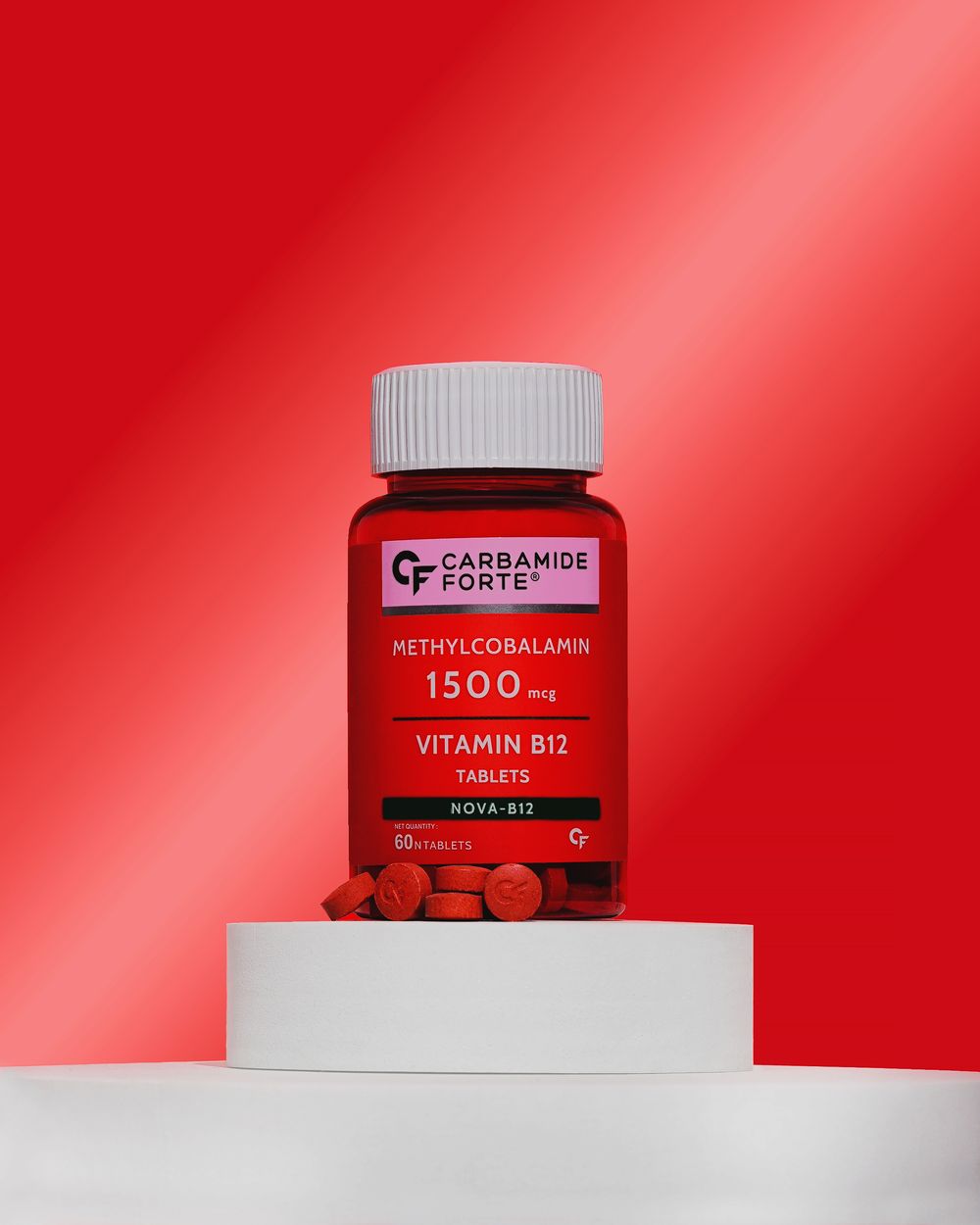 Carbamide Forte. wellness. Vitamin B 12. Red. lensee creatives. Commercial Product photography. Product Photography. Product photographer.
