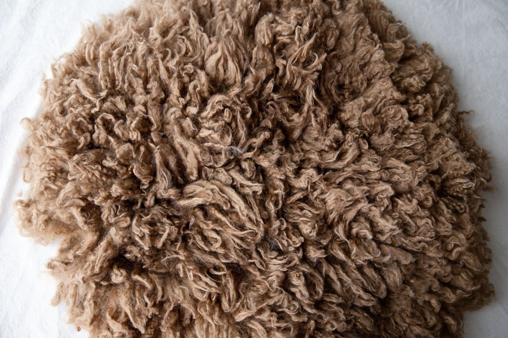 Round brown curly natural wool fleece rug with soft texture.