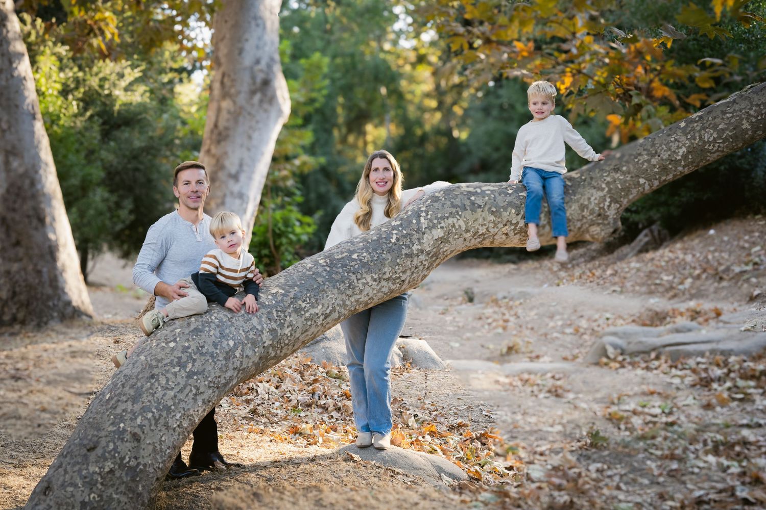 Playful outdoor family photos taken among trees and fallen leaves.