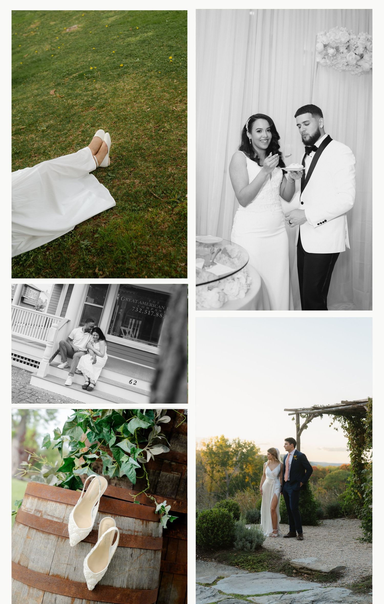 Wedding photograph collage featuring dress details, bridal shoes on wine barrels, and elegant couple portraits at sunset.