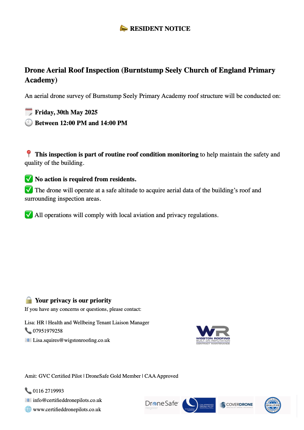A resident notice document detailing an aerial drone roof inspection for Burntstump Seely Church Academy with inspection details.