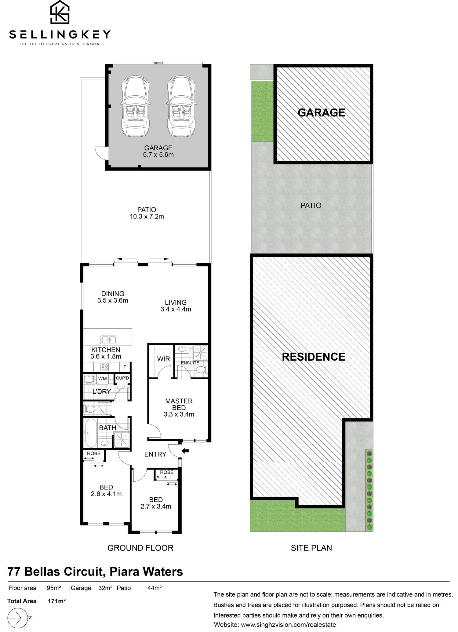 Floor plan layout showing 3 bedrooms, 2 bathrooms, living room, kitchen and garage in a modern single-story home design.