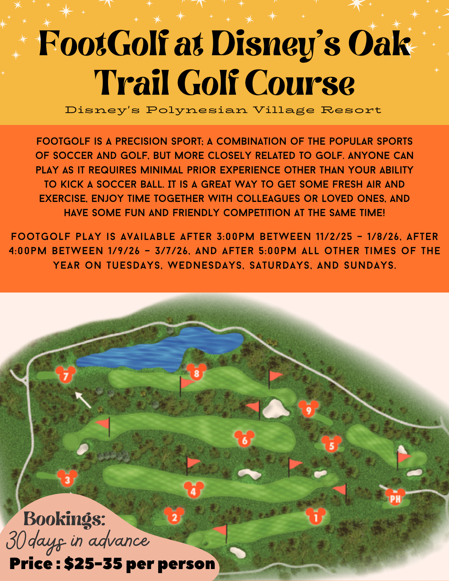 FootGolf course map and information poster with orange background and gameplay details.
