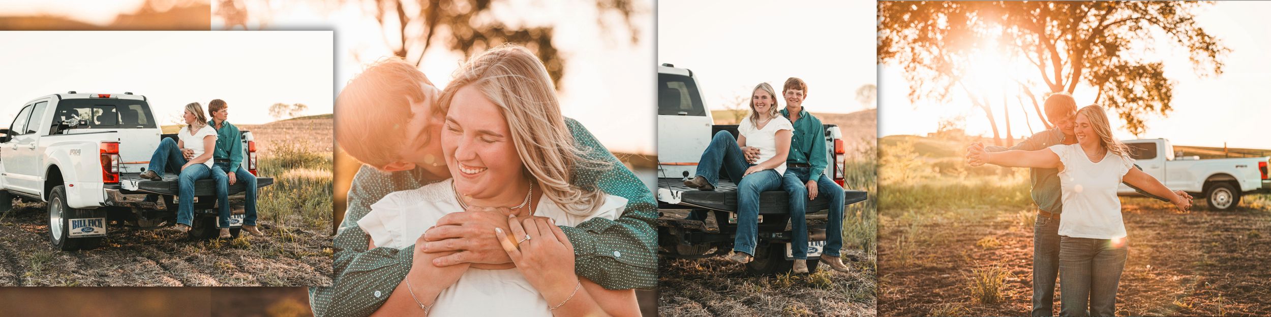 Professional wedding photo shoot at sunset with people embracing in a scenic outdoor setting.