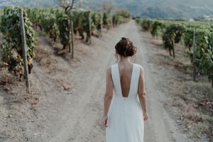 San Diego cinematic wedding film – bride walking through rustic vineyard path