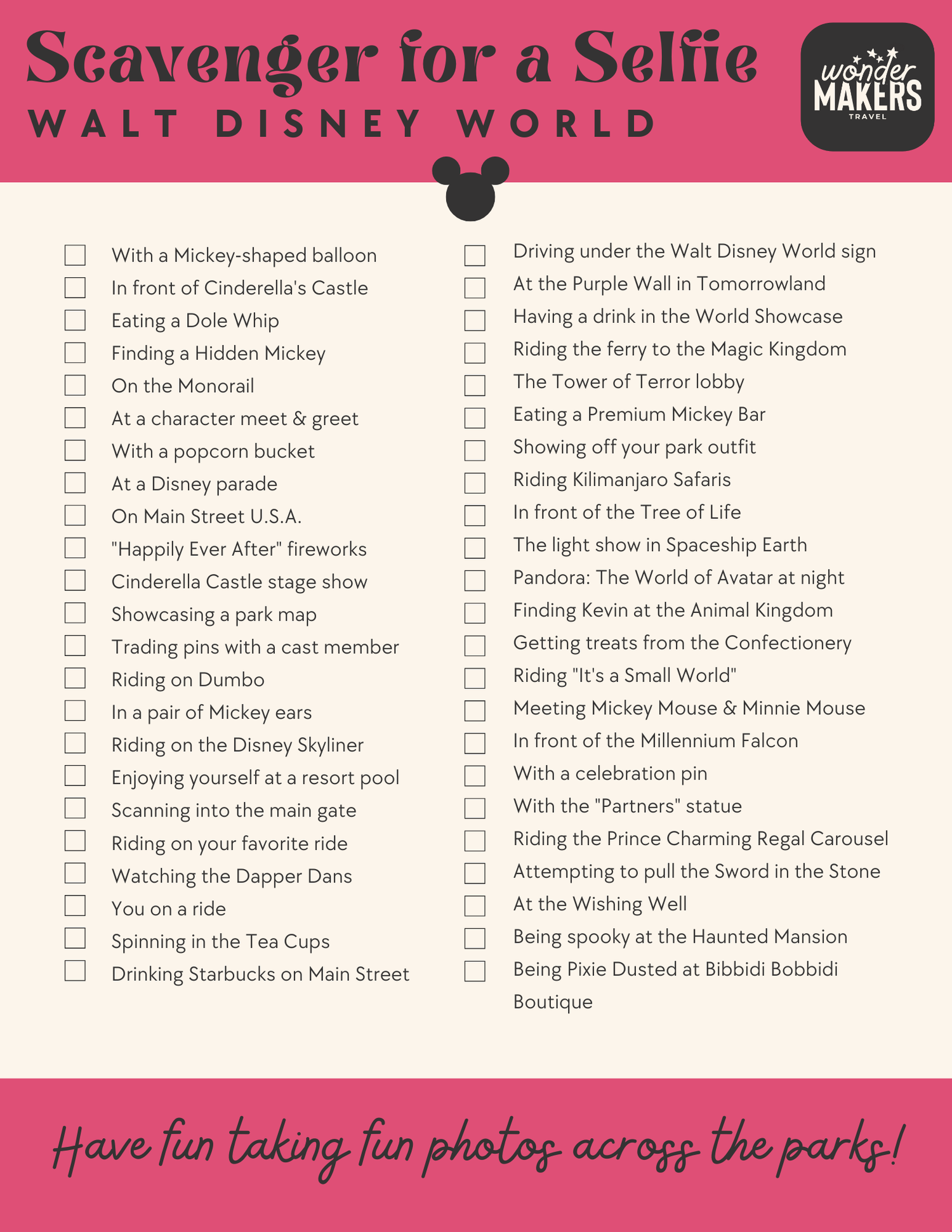 Scavenger hunt checklist for taking photos at various Walt Disney World locations and attractions.