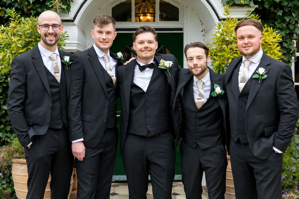Groom with his groomsmen outside the Bush Hotel ahead of the wedding ceremony.