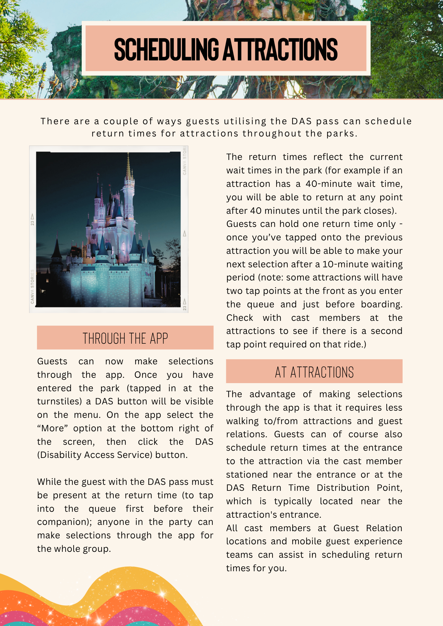 Guide showing how to schedule Disney park attractions through their mobile app with screenshots.