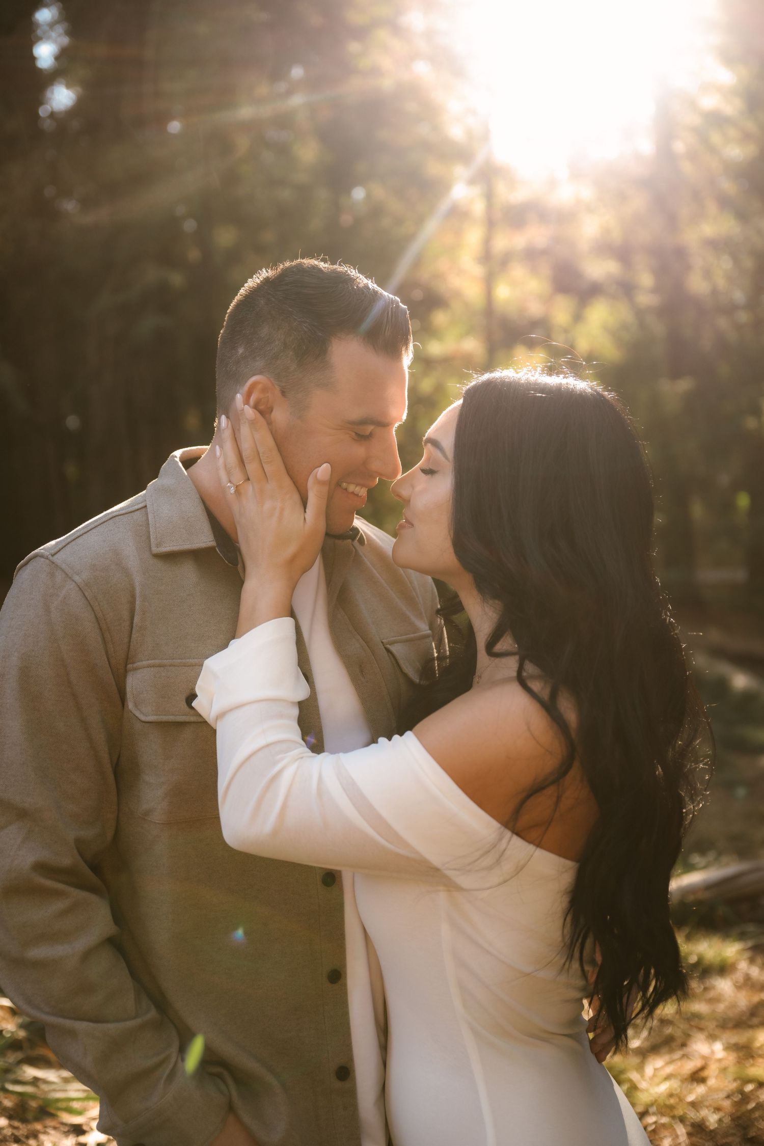 A romantic couple sharing intimate moments in golden sunlight through a photo sequence.