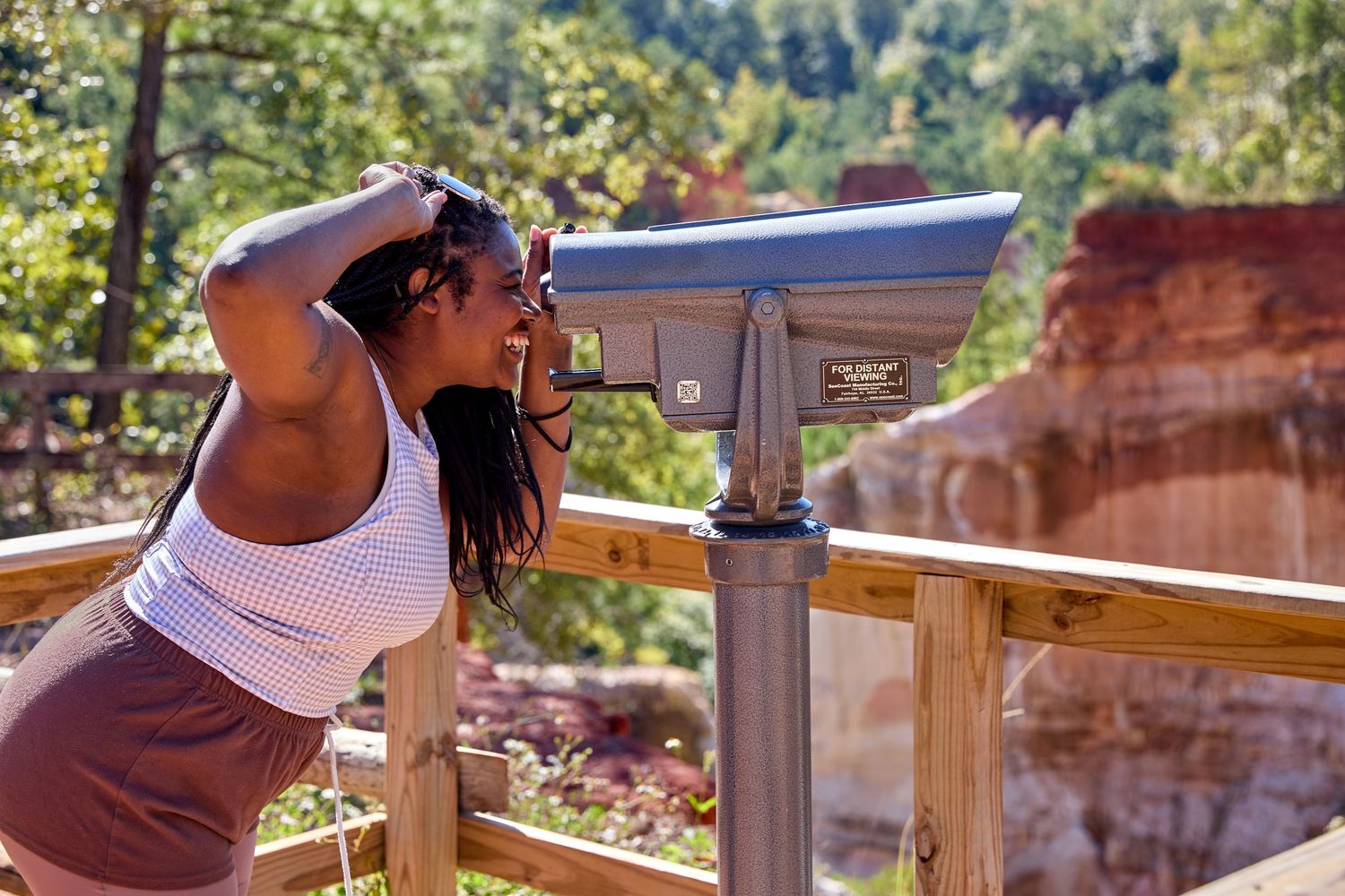 Tourist using mounted binocular viewer to observe scenic canyon views.