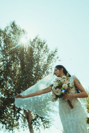 A sequence of ethereal bridal photos showing flowing white dress and bouquet against sunlit trees and sky.