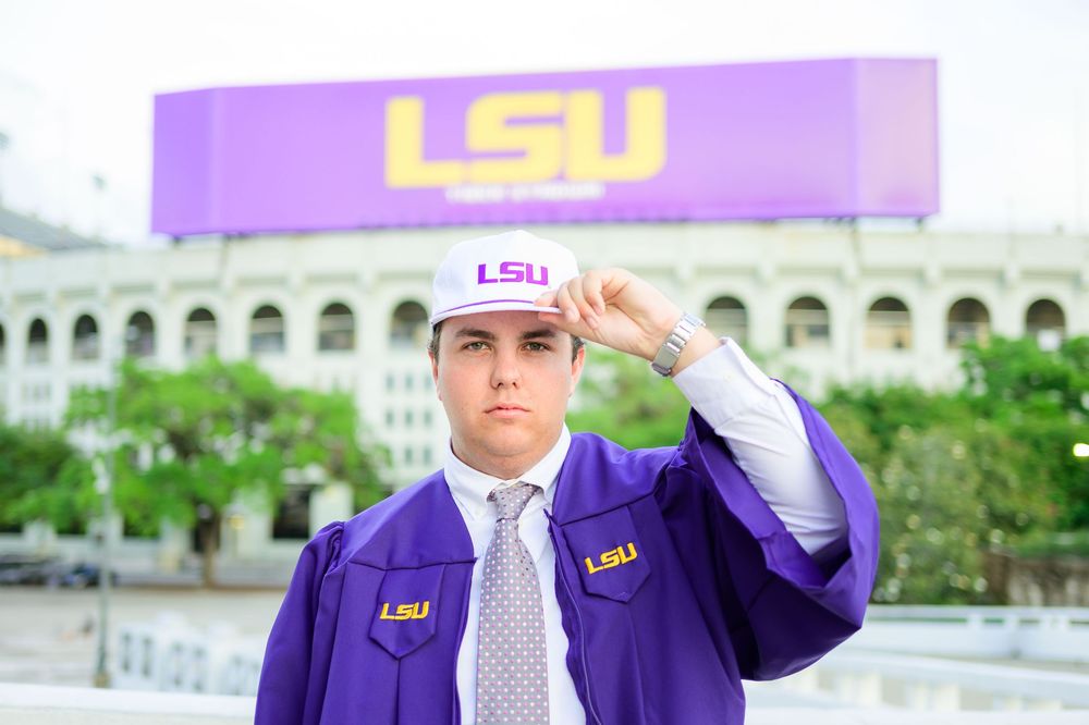 LSU graduation photos showcase purple and gold school spirit on campus.
