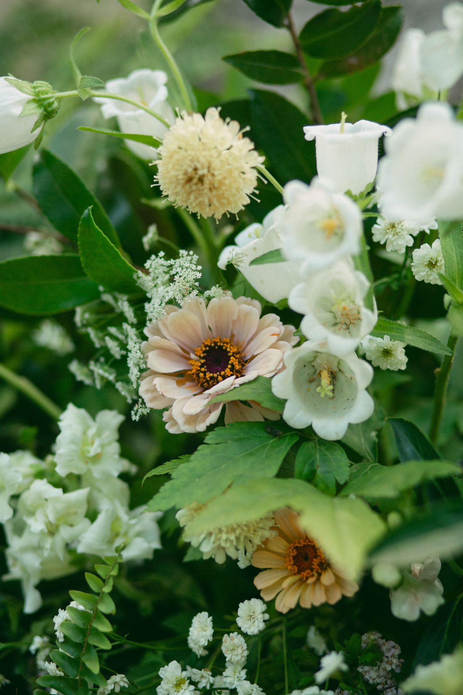 Delicate arrangement of white and peach flowers with greenery featuring zinnia and wildflowers.