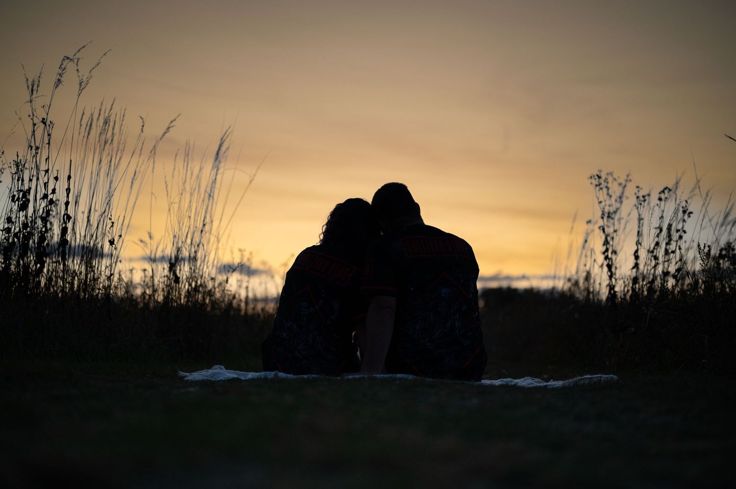Silhouette of a couple sitting close together against a golden sunset sky with tall grass in the foreground.