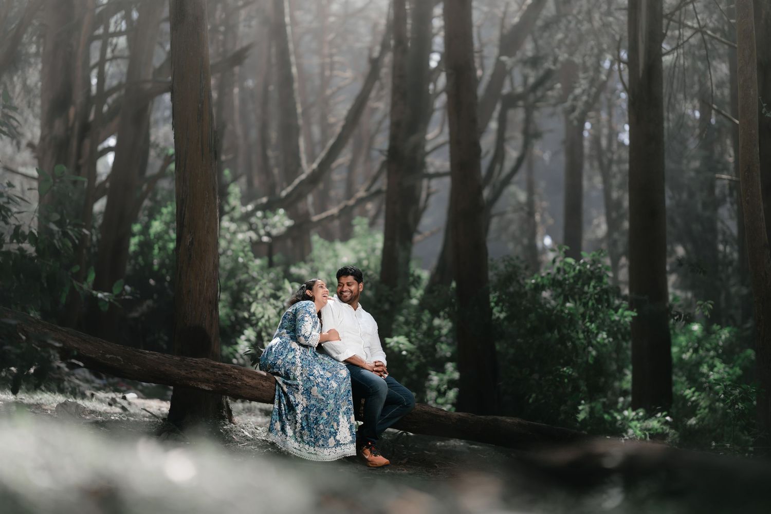 A couple sits together on a fallen log in a misty forest surrounded by green ferns and tall trees.