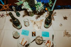 Wedding reception table with champagne bottles, place cards, floral arrangements and vintage-inspired decor.