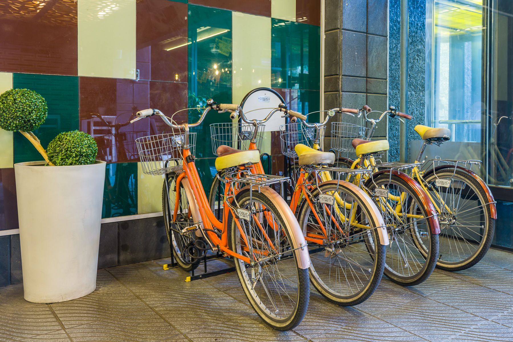 Row of colorful rental bicycles lined up against a modern building exterior. Cadillac Hotel Boutique.