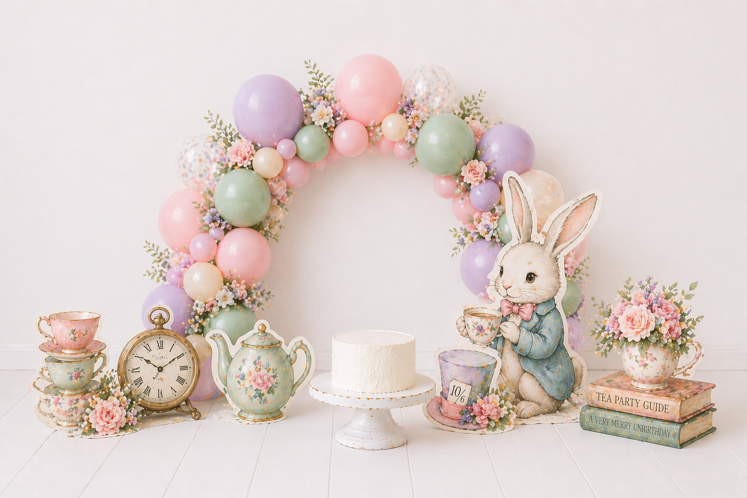 Easter-themed cake smash setup with bunny, pastel balloon arch, teacups, and white cake.