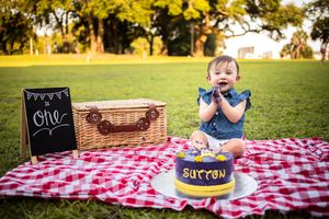 Baby girl Sutton celebrates her first birthday with a cake smash on a picnic blanket in a sunny park.