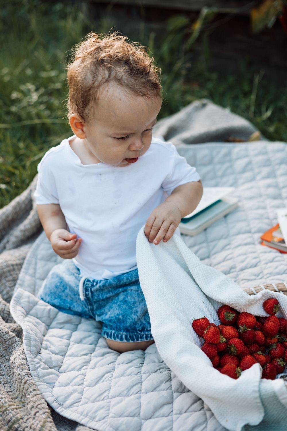 Toddler in white shirt and jeans sits on a blanket outdoors near a bowl of fresh red strawberries.