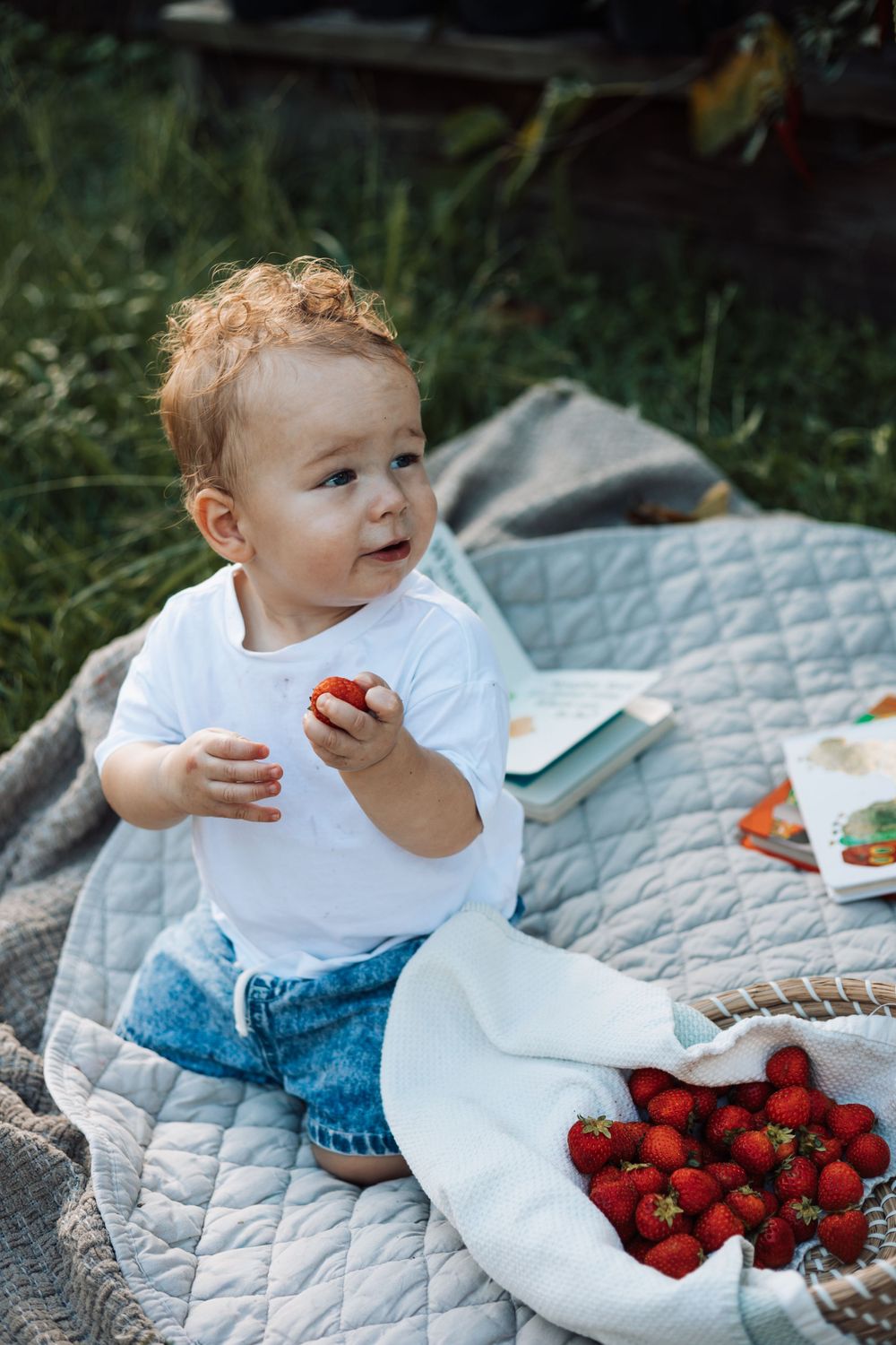 Cute toddler sitting on a blanket outdoors, holding a strawberry with a basket of fresh strawberries nearby.