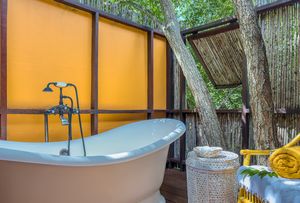 Elegant freestanding soaking tub in an outdoor bamboo-enclosed bathroom with orange accent wall.