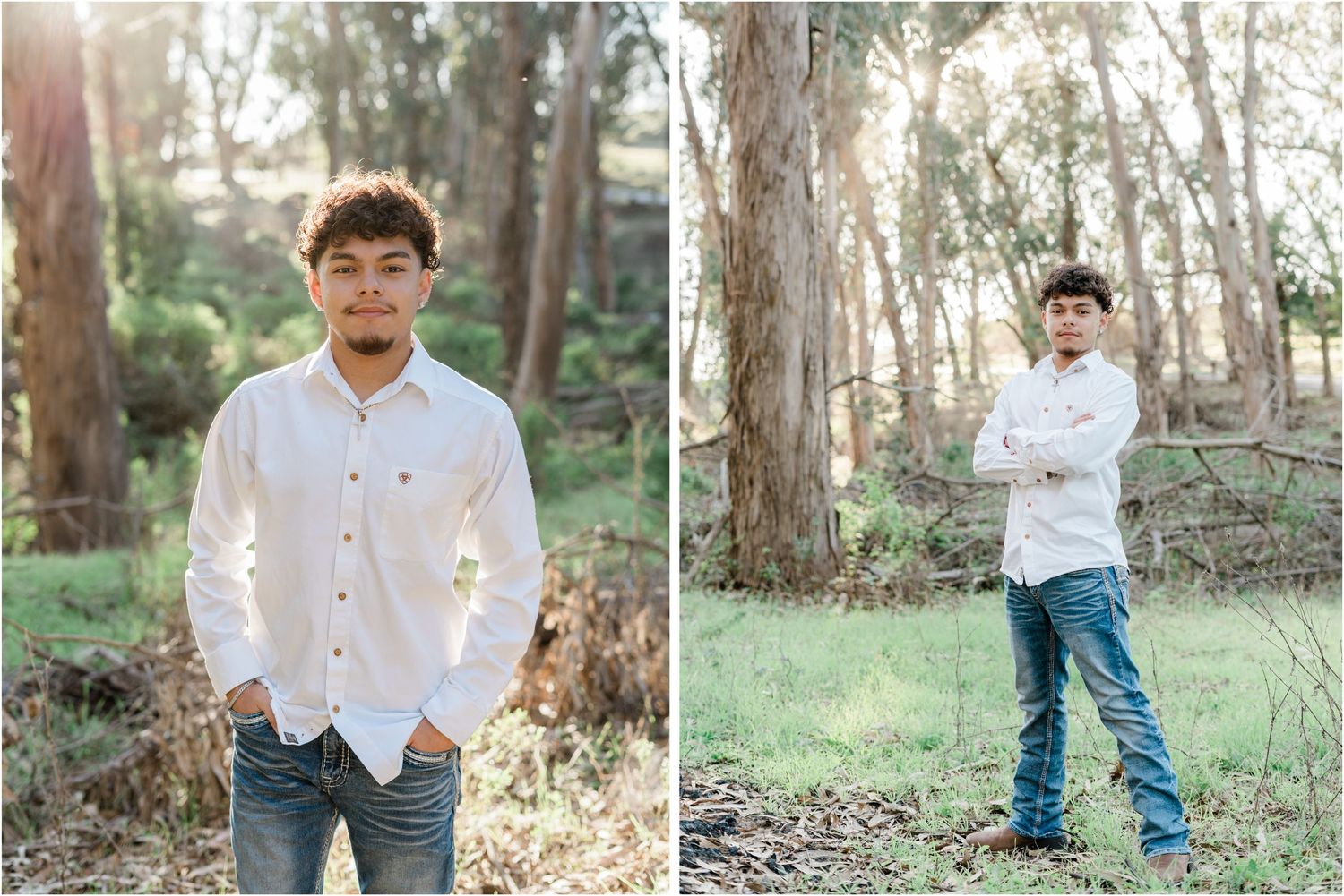 SLO High senior standing beneath eucalyptus trees during a Montana de Oro senior session near San Luis Obispo.
