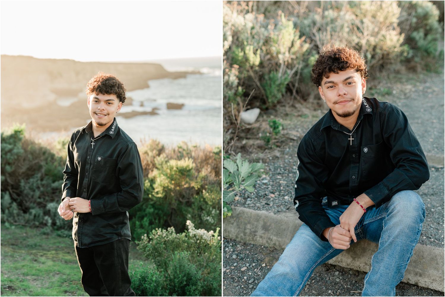 Senior guy photos on wood stairs leading to the beach at Montana de Oro by a SLO senior photographer.