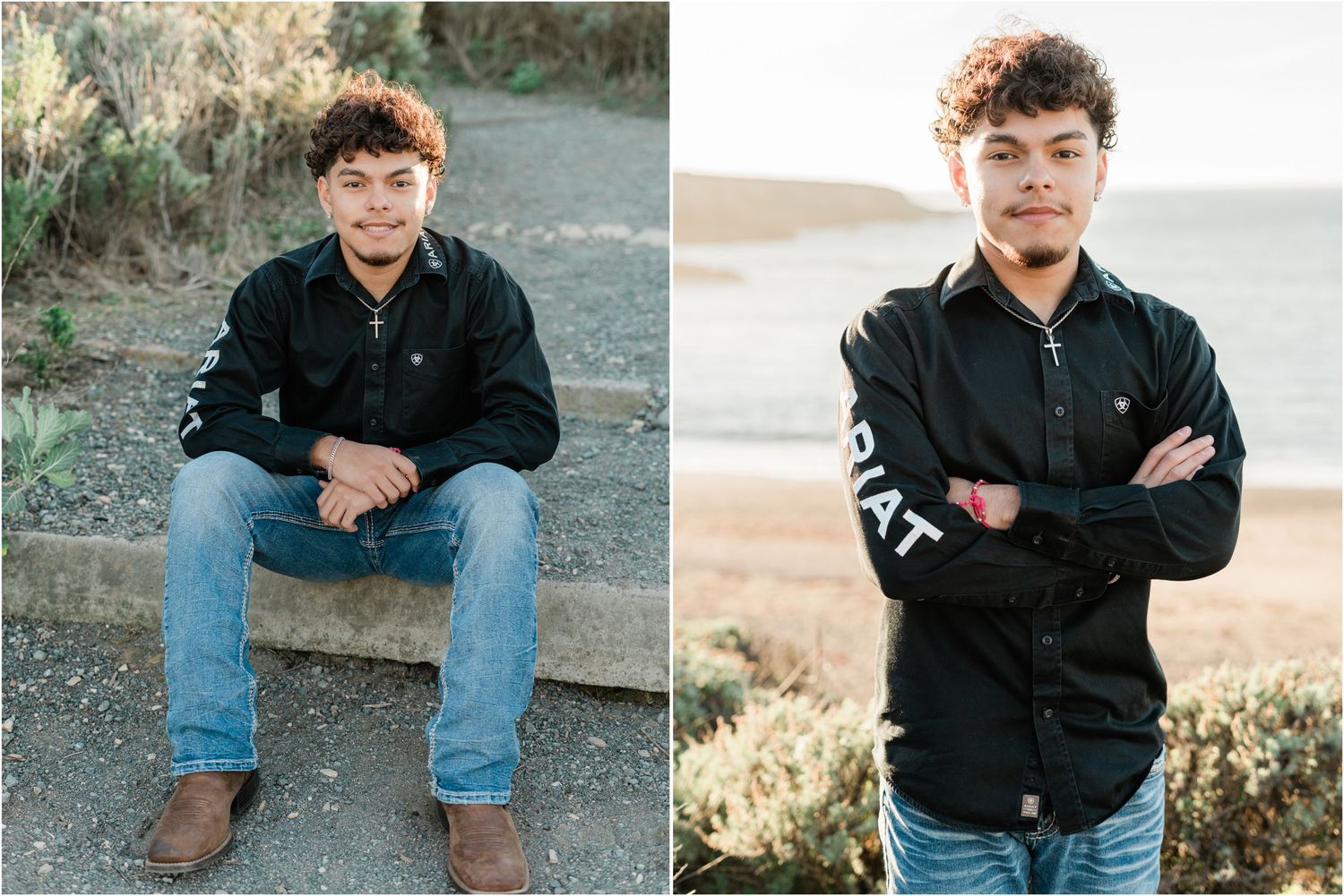 SLO High senior guy walking down wooden beach stairs during a Montana de Oro senior photo session.