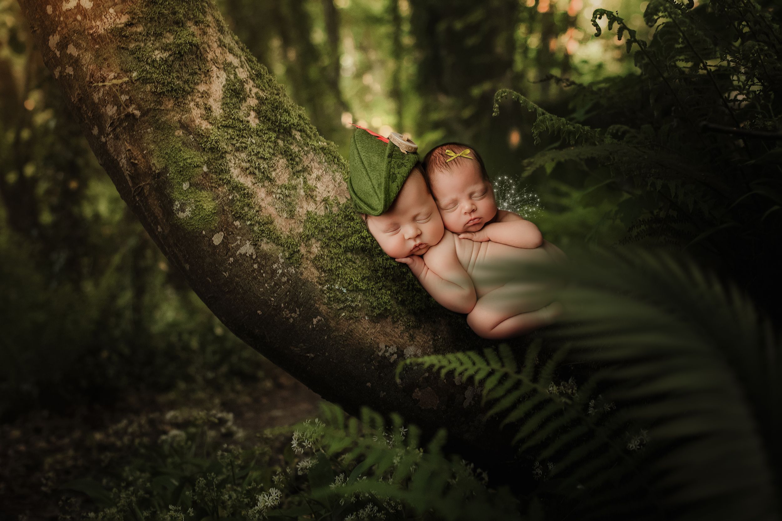 Two sleeping newborn twins nestled in a mossy tree fork surrounded by lush green ferns in a forest.