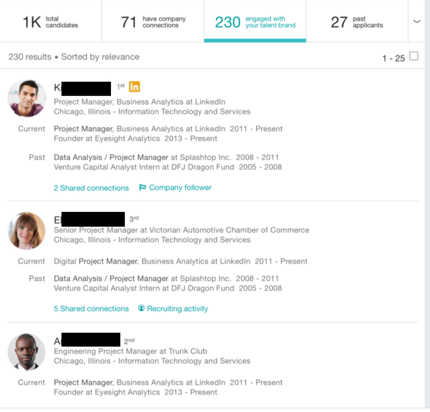 LinkedIn talent search results showing 230 candidates filtered by relevance with project manager profiles in Chicago, Illinois.