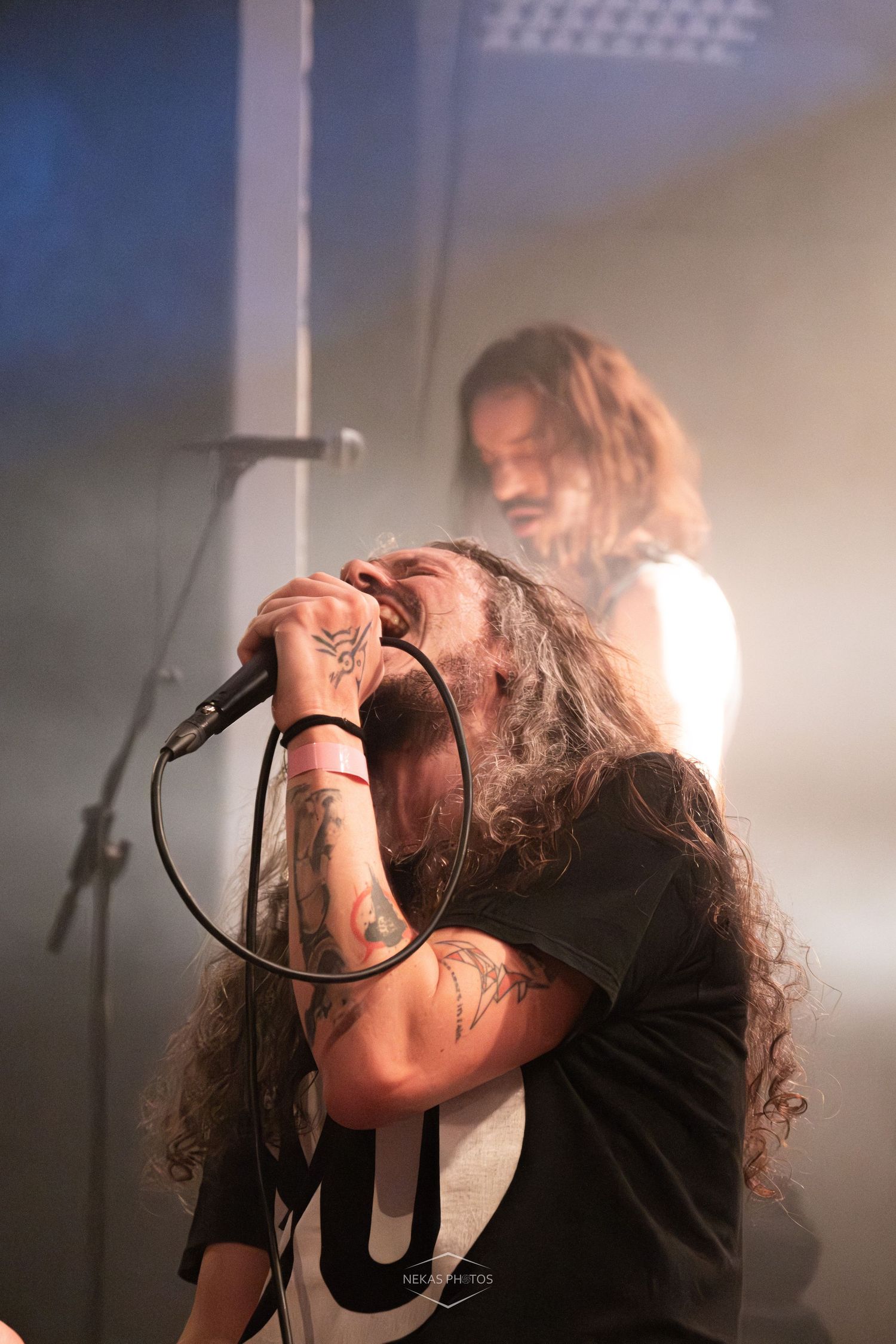 Tattooed metal vocalist screams into microphone on smoky stage with long-haired guitarist performing behind him.