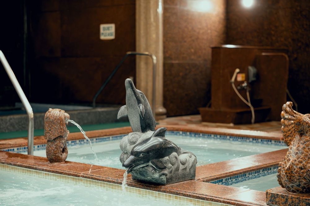 Indoor pool with decorative dolphin fountain sculpture and stone surround in a dimly lit spa setting.