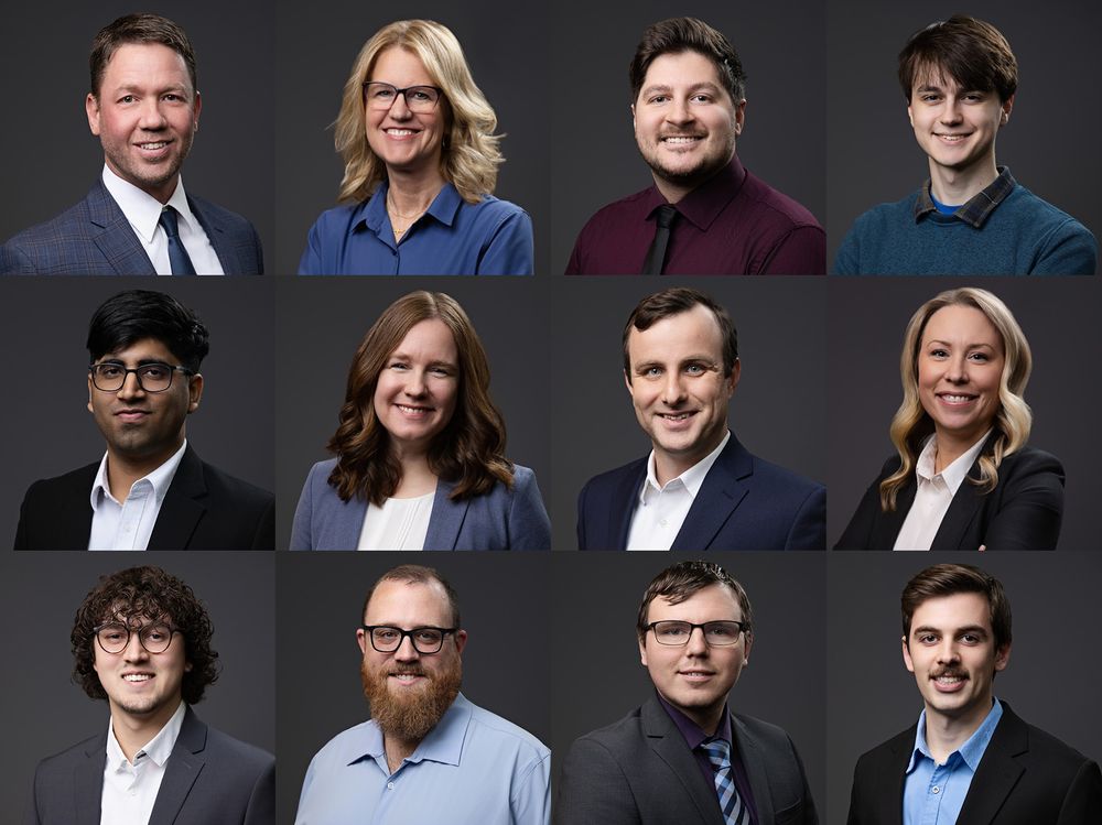 Business team headshots arranged horizontally showing professionals in dark setting.