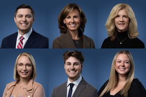 Professional headshots of six people in business attire against blue backgrounds arranged in two rows of three photos each.