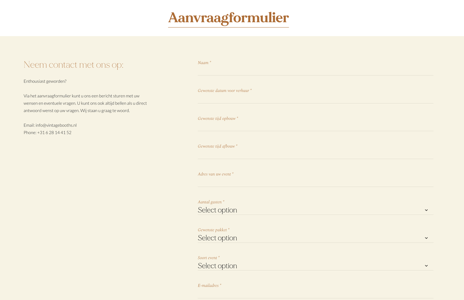 Aanvraagformulier contact form webpage with dropdown select options on beige background.