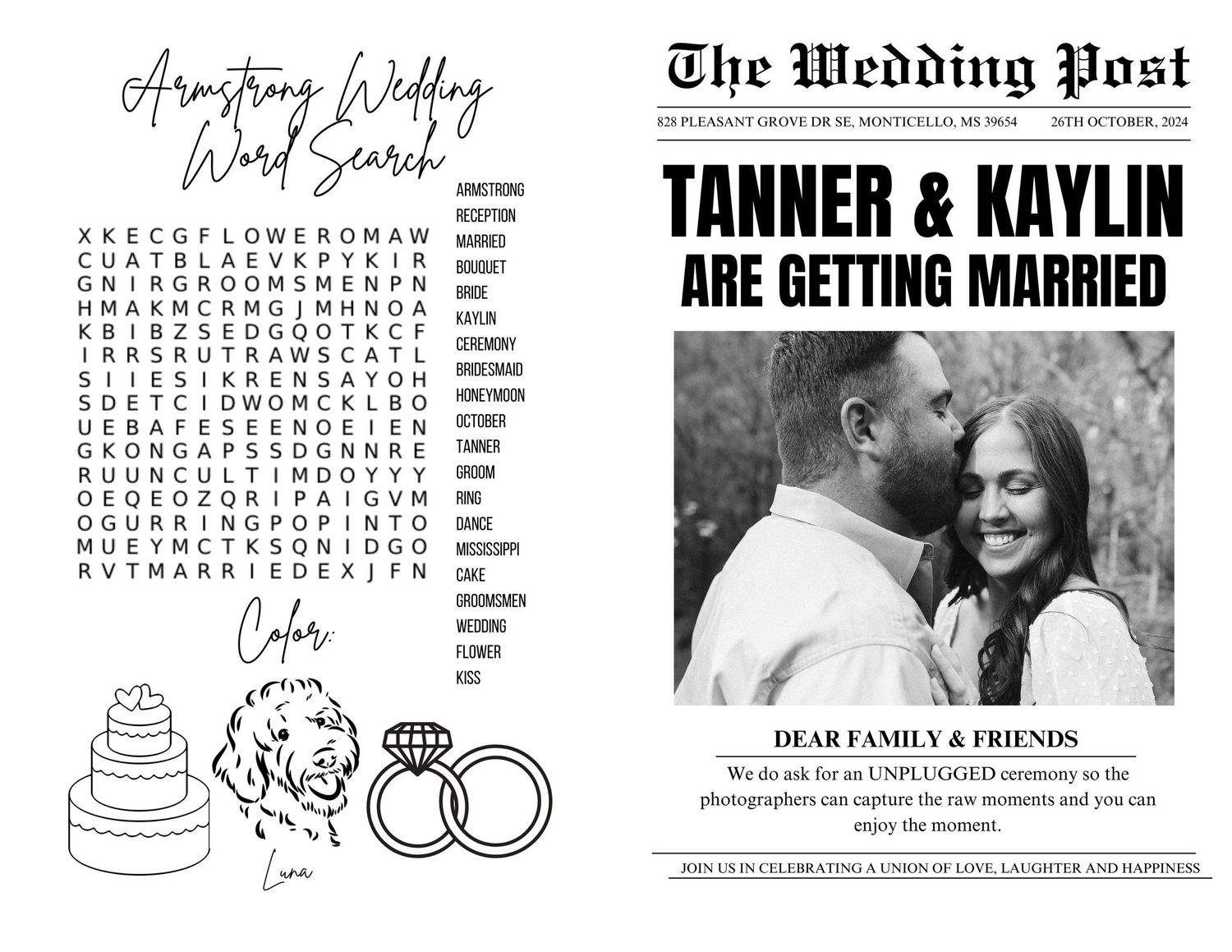 Tanner and Kaylin wedding announcement featuring a word search activity, couple photo, and decorative cake and ring illustrations.