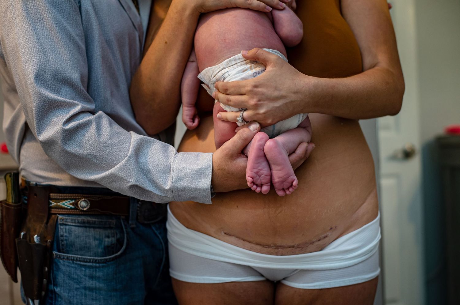 A series of cropped photos showing a pregnant woman's belly being touched by hands wearing pink nail polish.