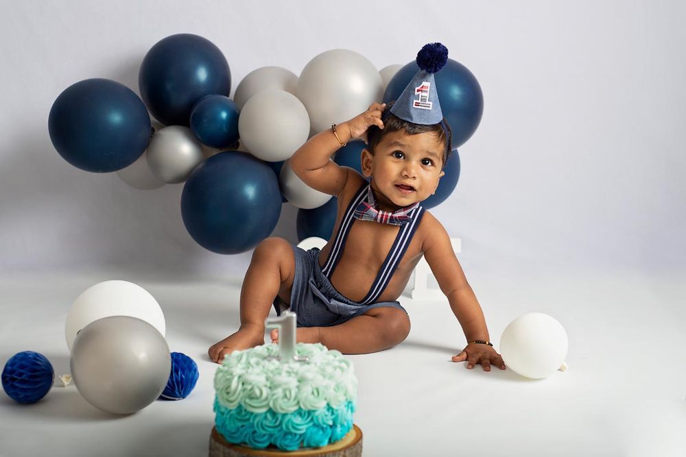 in studio cakesmash and first birthday photography, Navy and white theme with cake, Bowmanville*