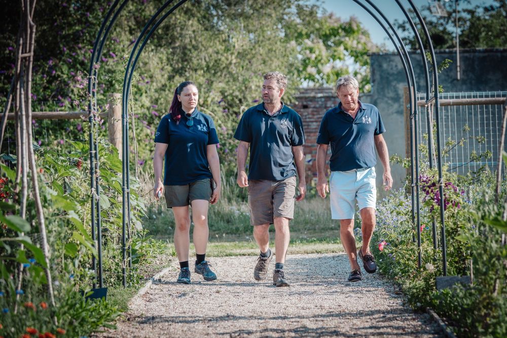 Three people walking through a green garden archway on a sunny day.
