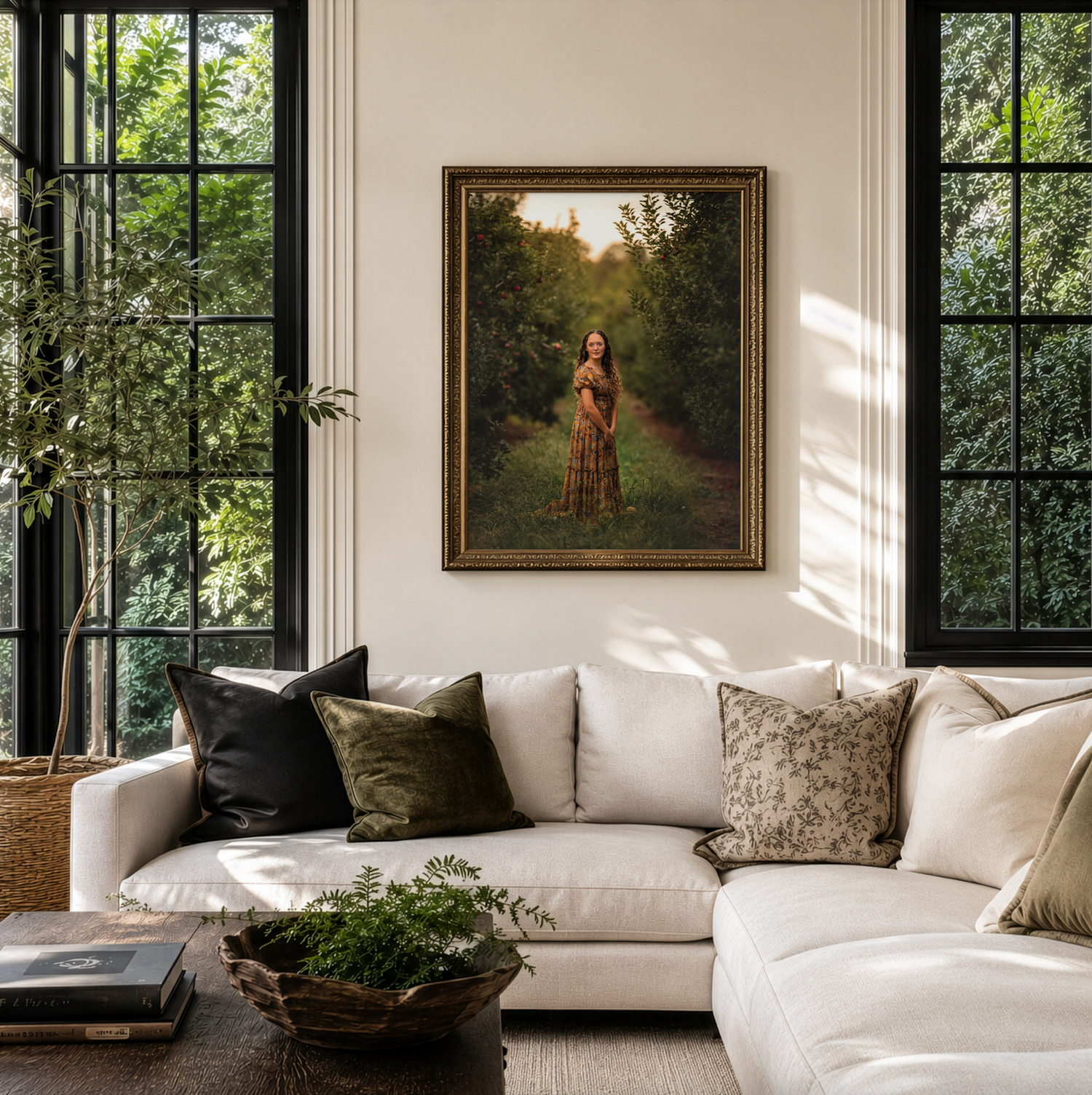 Elegant living room with white sectional sofa, green pillows, and a framed portrait of a woman in a forest hanging on the wall.